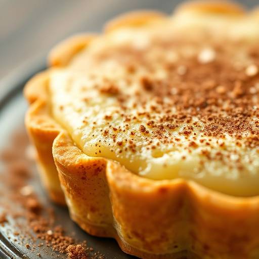 A close-up of Melktert (milk tart) with a golden-brown crust and a dusting of cinnamon.