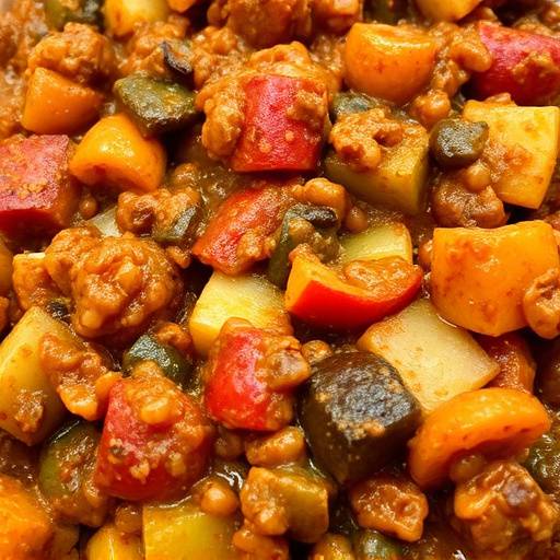 A close-up shot of Chakalaka, showing its chunky texture and vibrant mix of vegetables and spices.