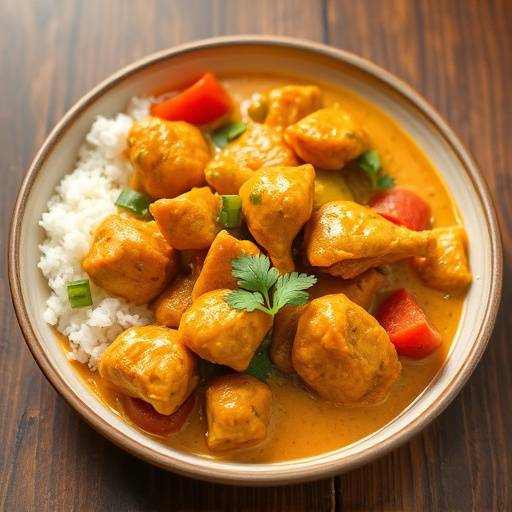 A colourful Cape Malay Curry featuring tender chicken pieces and vibrant vegetables in a creamy sauce.