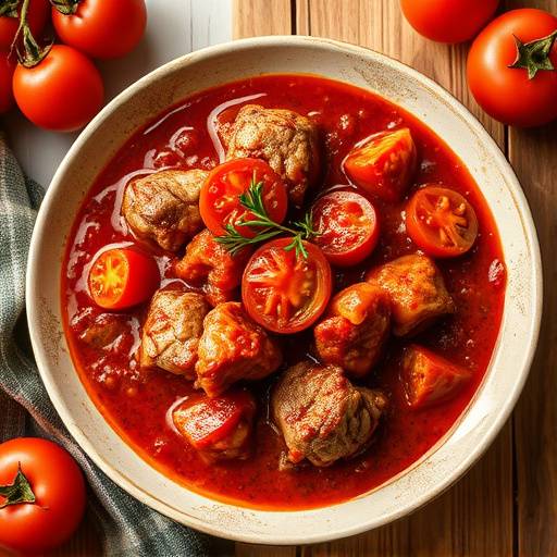 A festive spread of Tomato Bredie, highlighting the rich red color of the tomato-based stew with visible chunks of lamb.