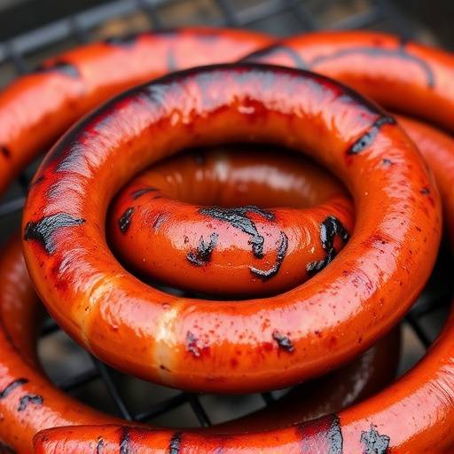A grilling Boerewors sausage, showcasing its coiled shape and charred exterior.
