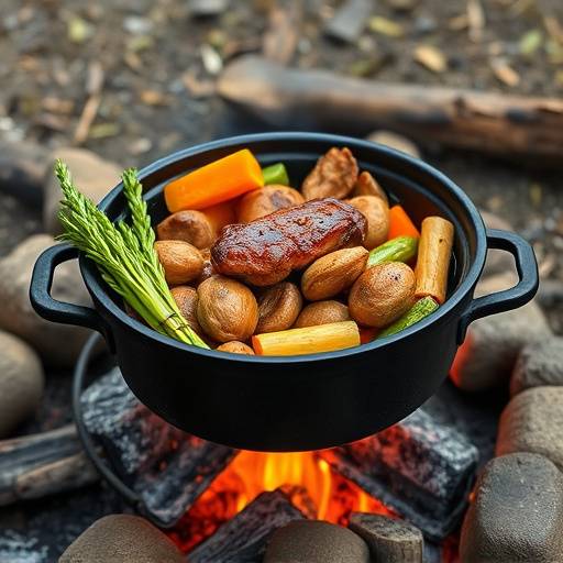 A hearty Potjiekos simmering in a cast-iron pot over an open fire, with visible vegetables and meat.