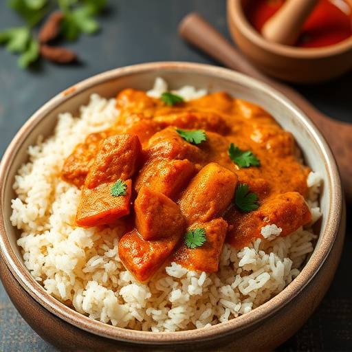 A plate of spicy Cape Malay curry with rice, featuring a blend of vibrant colors and aromatic spices.