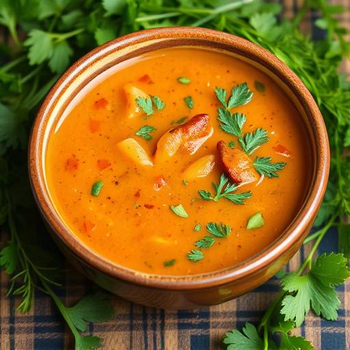 A table setting with a bowl of creamy Biltong Soup, garnished with fresh herbs.