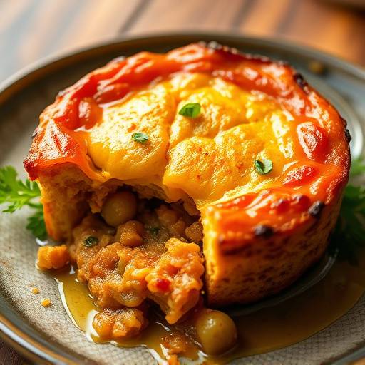 A vibrant and savory Bobotie dish, showcasing its golden crust and rich filling.
