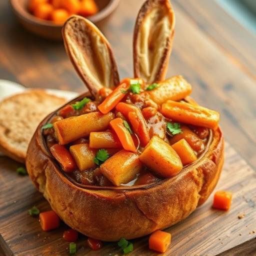 Bunny Chow being served in a hollowed-out loaf of bread, overflowing with spicy curry.