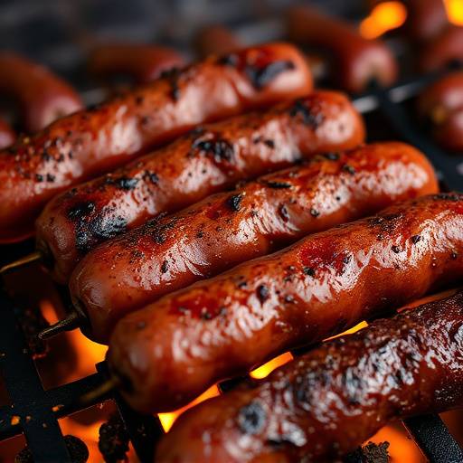 Close-up of Boerewors sausage sizzling on a braai, with visible spices and char marks.