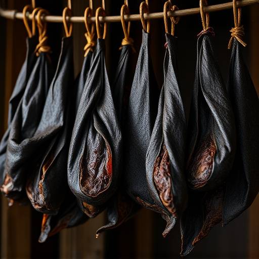 Homemade Biltong hanging to dry, showcasing the dark color and texture of the cured meat.