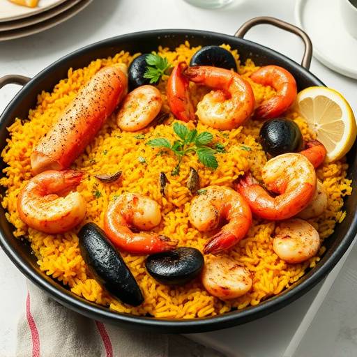 Image of Spanish Paella with saffron rice, seafood, and chicken