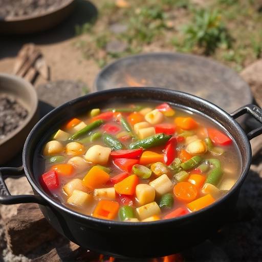 Potjiekos simmering in a traditional three-legged pot over an open fire, surrounded by fresh vegetables.